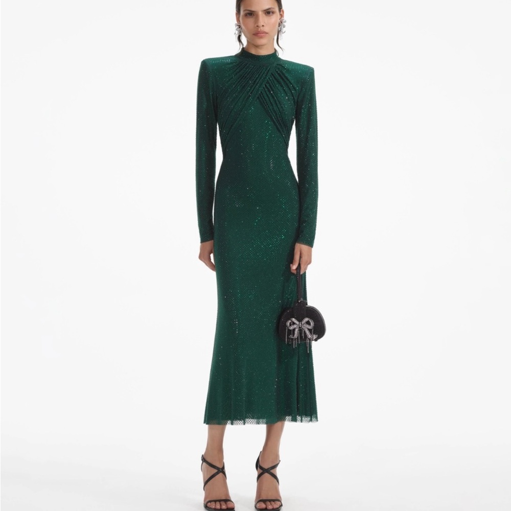Self-Portrait Emerald Green Long-Sleeve Midi Dress